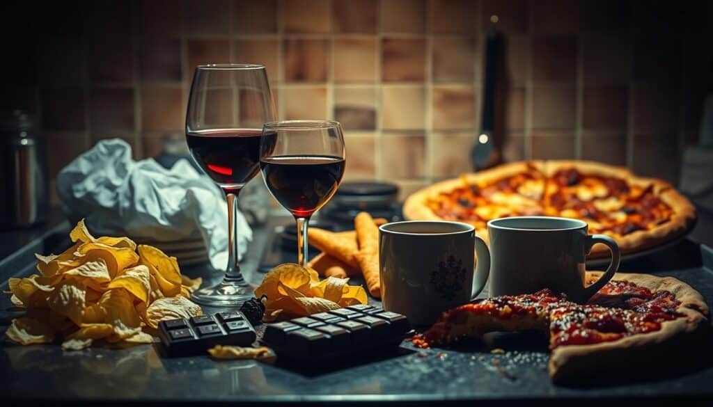 A bustling kitchen countertop, dimly lit from above, showcases an array of potential "food triggers" - a pile of potato chips, a glass of red wine, a half-eaten chocolate bar, a steaming cup of coffee, and a slice of greasy pizza. The scene has a moody, atmospheric quality, with shadows and highlights creating a sense of depth and drama. The items are arranged in a disorderly fashion, reflecting the haphazard nature of these headache-inducing foods. The image conveys a sense of temptation and indulgence, with the unhealthy options presented in a way that makes them visually appealing, but also slightly ominous, hinting at their potential to cause discomfort. A bustling kitchen countertop, dimly lit from above, showcases an array of potential "food triggers" - a pile of potato chips, a glass of red wine, a half-eaten chocolate bar, a steaming cup of coffee, and a slice of greasy pizza. The scene has a moody, atmospheric quality, with shadows and highlights creating a sense of depth and drama. The items are arranged in a disorderly fashion, reflecting the haphazard nature of these headache-inducing foods. The image conveys a sense of temptation and indulgence, with the unhealthy options presented in a way that makes them visually appealing, but also slightly ominous, hinting at their potential to cause discomfort.