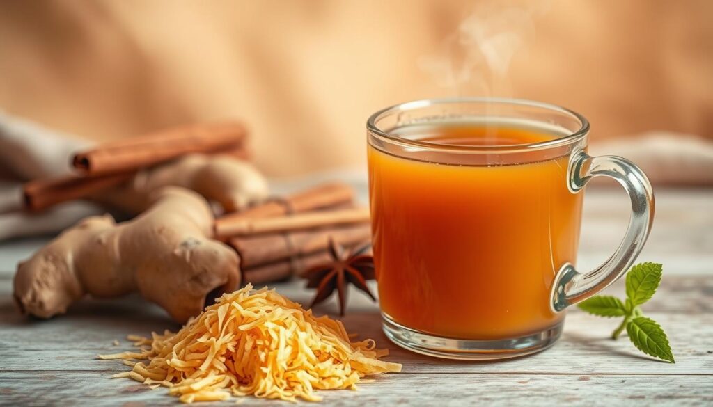 A steaming mug of ginger tea, its amber liquid glistening under warm, diffused lighting. In the foreground, freshly grated ginger roots and a sprinkle of honey add a touch of natural sweetness. The middle ground features an arrangement of soothing herbs and spices, including cinnamon sticks, star anise, and a sprig of lemon balm. In the background, a soft, blurred backdrop evokes a cozy, calming atmosphere, perfect for enjoying the medicinal benefits of this soothing beverage. The composition emphasizes the natural, wholesome ingredients and the therapeutic properties of ginger tea, evoking a sense of comfort and relief. A steaming mug of ginger tea, its amber liquid glistening under warm, diffused lighting. In the foreground, freshly grated ginger roots and a sprinkle of honey add a touch of natural sweetness. The middle ground features an arrangement of soothing herbs and spices, including cinnamon sticks, star anise, and a sprig of lemon balm. In the background, a soft, blurred backdrop evokes a cozy, calming atmosphere, perfect for enjoying the medicinal benefits of this soothing beverage. The composition emphasizes the natural, wholesome ingredients and the therapeutic properties of ginger tea, evoking a sense of comfort and relief.