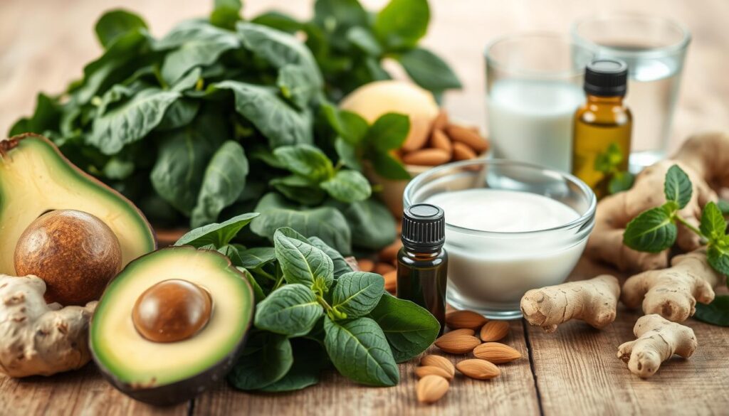 A still life scene of a variety of natural, nutrient-rich foods known to help relieve headaches. In the foreground, a selection of fresh fruits and vegetables including avocados, spinach, almonds, and ginger. In the middle ground, a bowl of yogurt, a glass of water, and a small bottle of peppermint oil. The background features a soft, natural lighting with a wooden table surface. The overall composition conveys a sense of tranquility and wellness, highlighting the power of wholesome, headache-relieving ingredients. A still life scene of a variety of natural, nutrient-rich foods known to help relieve headaches. In the foreground, a selection of fresh fruits and vegetables including avocados, spinach, almonds, and ginger. In the middle ground, a bowl of yogurt, a glass of water, and a small bottle of peppermint oil. The background features a soft, natural lighting with a wooden table surface. The overall composition conveys a sense of tranquility and wellness, highlighting the power of wholesome, headache-relieving ingredients.
