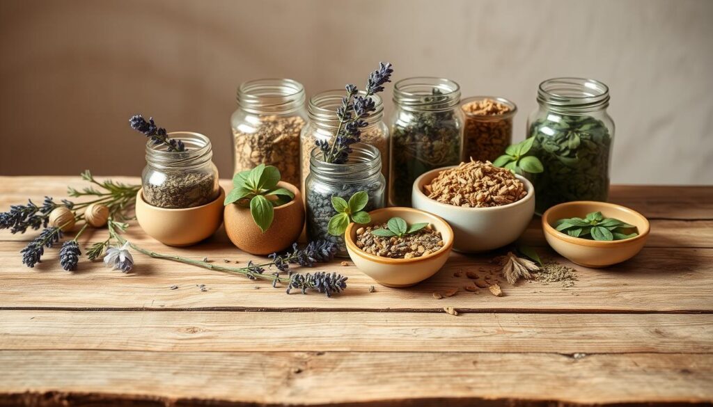 A wooden table with a rustic, natural texture, set against a soft, diffused background. Atop the table, an array of glass jars and ceramic bowls filled with an assortment of dried herbs and botanicals, including lavender sprigs, lemon balm leaves, and other calming, aromatic blends. The lighting is warm and gentle, creating a serene, inviting atmosphere. The camera angle is slightly elevated, allowing the viewer to appreciate the textures, colors, and arrangement of the herbal preparations. The overall mood is one of tranquility, simplicity, and the restorative power of nature. A wooden table with a rustic, natural texture, set against a soft, diffused background. Atop the table, an array of glass jars and ceramic bowls filled with an assortment of dried herbs and botanicals, including lavender sprigs, lemon balm leaves, and other calming, aromatic blends. The lighting is warm and gentle, creating a serene, inviting atmosphere. The camera angle is slightly elevated, allowing the viewer to appreciate the textures, colors, and arrangement of the herbal preparations. The overall mood is one of tranquility, simplicity, and the restorative power of nature.