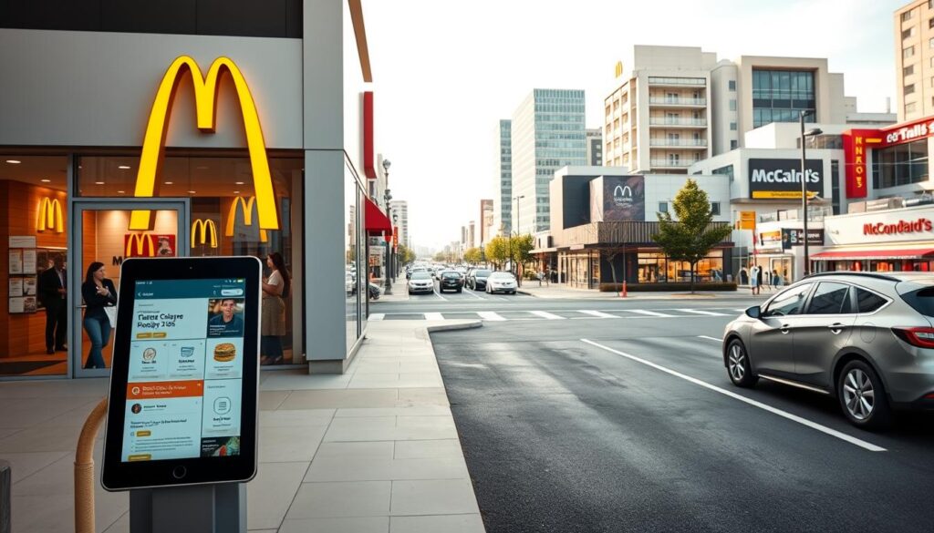 A bright, modern storefront with the iconic golden arches of a McDonald's restaurant prominently displayed. The entrance features a large glass window, inviting passersby to step inside. The facade is clean and well-maintained, with a sleek, contemporary design. In the foreground, a touchscreen display showcases various job openings, highlighting the diverse career opportunities available at this location. The middle ground features a clean, organized parking lot, with several cars parked. In the background, a bustling urban landscape sets the scene, with other businesses and pedestrians creating a lively atmosphere. The lighting is warm and welcoming, creating a friendly and approachable ambiance. The overall composition conveys a sense of professionalism and opportunity, inviting the viewer to explore the available McDonald's jobs in their local area.