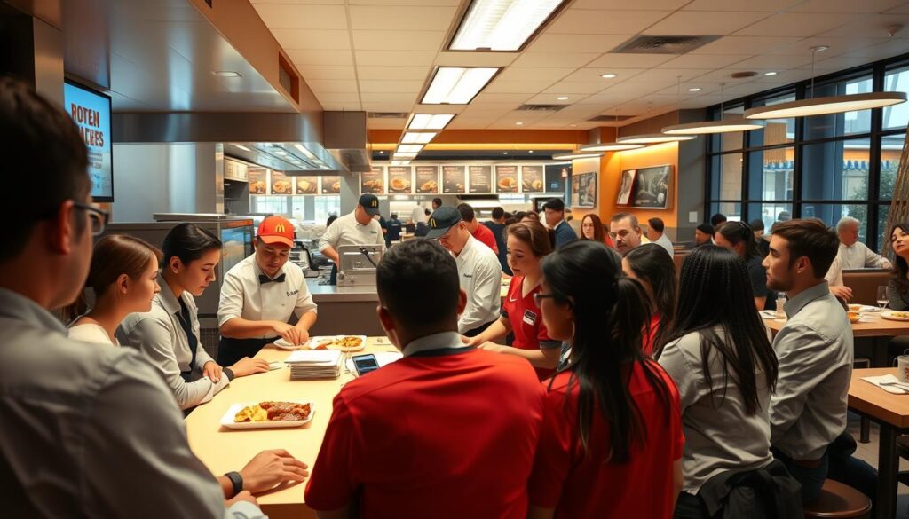 A bright, well-lit training session at a modern McDonald's restaurant. In the foreground, a group of new employees gathered around a table, intently watching a senior staff member demonstrating the proper techniques for preparing food and operating the cash register. The middle ground shows the bustling kitchen, with chefs in crisp uniforms efficiently cooking and assembling menu items. In the background, the warm, inviting dining area is visible, with customers enjoying their meals. The atmosphere conveys a sense of professionalism, attention to detail, and a commitment to providing excellent customer service. The lighting is natural, with a slightly soft, diffused quality, creating a pleasant, welcoming ambiance. A bright, well-lit training session at a modern McDonald's restaurant. In the foreground, a group of new employees gathered around a table, intently watching a senior staff member demonstrating the proper techniques for preparing food and operating the cash register. The middle ground shows the bustling kitchen, with chefs in crisp uniforms efficiently cooking and assembling menu items. In the background, the warm, inviting dining area is visible, with customers enjoying their meals. The atmosphere conveys a sense of professionalism, attention to detail, and a commitment to providing excellent customer service. The lighting is natural, with a slightly soft, diffused quality, creating a pleasant, welcoming ambiance.