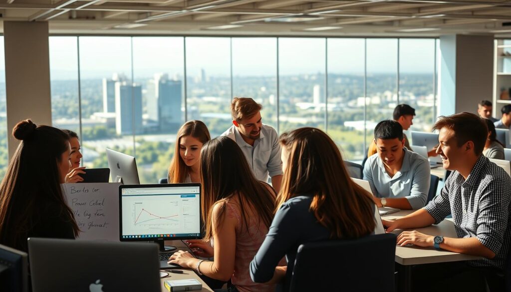 A bustling Amazon office, filled with bright-eyed interns collaborating at modern workstations. The foreground features a group of young professionals engaged in animated discussions, their laptops open and whiteboards scribbled with ideas. In the middle ground, mentors guide the interns, offering guidance and encouragement. The background depicts a panoramic view of the Amazon campus, with gleaming towers and lush greenery, conveying a sense of opportunity and innovation. The lighting is natural and warm, creating a vibrant, energetic atmosphere. This image captures the spirit of Amazon's internship programs, where ambitious new graduates can learn, grow, and thrive within a dynamic, supportive environment. A bustling Amazon office, filled with bright-eyed interns collaborating at modern workstations. The foreground features a group of young professionals engaged in animated discussions, their laptops open and whiteboards scribbled with ideas. In the middle ground, mentors guide the interns, offering guidance and encouragement. The background depicts a panoramic view of the Amazon campus, with gleaming towers and lush greenery, conveying a sense of opportunity and innovation. The lighting is natural and warm, creating a vibrant, energetic atmosphere. This image captures the spirit of Amazon's internship programs, where ambitious new graduates can learn, grow, and thrive within a dynamic, supportive environment.
