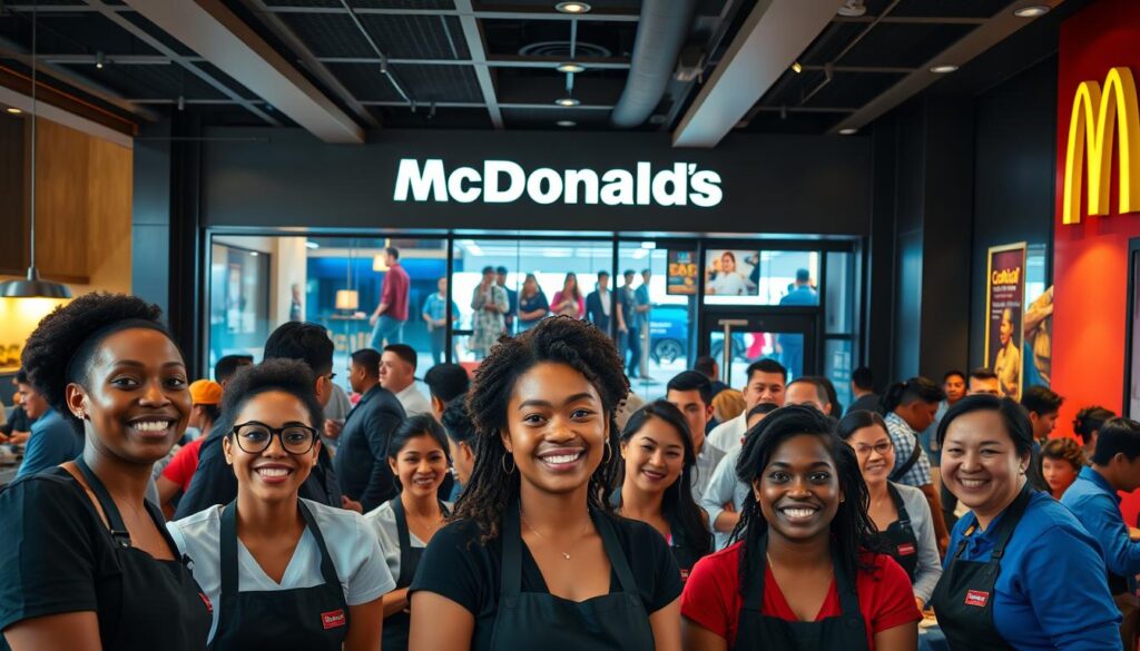A bustling McDonald's restaurant, filled with a diverse array of employees from different backgrounds. In the foreground, a group of colleagues from various ethnicities and ages work together harmoniously, their smiles and body language radiating a sense of camaraderie and inclusivity. The middle ground showcases the restaurant's modern, vibrant decor, with colorful accents and sleek, minimalist design. In the background, the restaurant's exterior is visible, with a diverse mix of customers of all ages, races, and cultures entering and exiting the establishment, reflecting the brand's commitment to serving a wide range of communities. The scene is bathed in warm, natural lighting, creating a welcoming and inviting atmosphere that captures the essence of McDonald's workplace diversity and inclusion. A bustling McDonald's restaurant, filled with a diverse array of employees from different backgrounds. In the foreground, a group of colleagues from various ethnicities and ages work together harmoniously, their smiles and body language radiating a sense of camaraderie and inclusivity. The middle ground showcases the restaurant's modern, vibrant decor, with colorful accents and sleek, minimalist design. In the background, the restaurant's exterior is visible, with a diverse mix of customers of all ages, races, and cultures entering and exiting the establishment, reflecting the brand's commitment to serving a wide range of communities. The scene is bathed in warm, natural lighting, creating a welcoming and inviting atmosphere that captures the essence of McDonald's workplace diversity and inclusion.