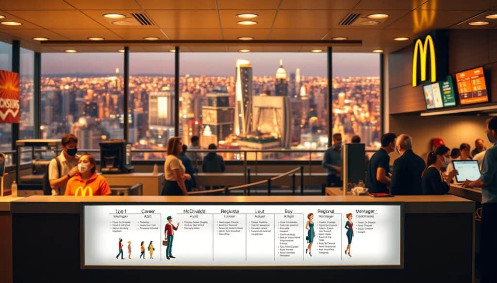 A bustling McDonald's restaurant interior, with a well-lit counter in the foreground showcasing a career progression timeline. Behind the counter, a series of hierarchical positions are depicted, from entry-level crew member to regional manager, each role represented by detailed character illustrations. The middle ground features a winding career path, with employees climbing the corporate ladder, aided by training programs and mentorship opportunities. In the background, a vibrant, bustling city skyline sets the scene, hinting at the global reach and diverse opportunities available within the McDonald's organization. Warm, golden lighting creates a sense of ambition and growth, inviting the viewer to envision their own McDonald's career journey. A bustling McDonald's restaurant interior, with a well-lit counter in the foreground showcasing a career progression timeline. Behind the counter, a series of hierarchical positions are depicted, from entry-level crew member to regional manager, each role represented by detailed character illustrations. The middle ground features a winding career path, with employees climbing the corporate ladder, aided by training programs and mentorship opportunities. In the background, a vibrant, bustling city skyline sets the scene, hinting at the global reach and diverse opportunities available within the McDonald's organization. Warm, golden lighting creates a sense of ambition and growth, inviting the viewer to envision their own McDonald's career journey.