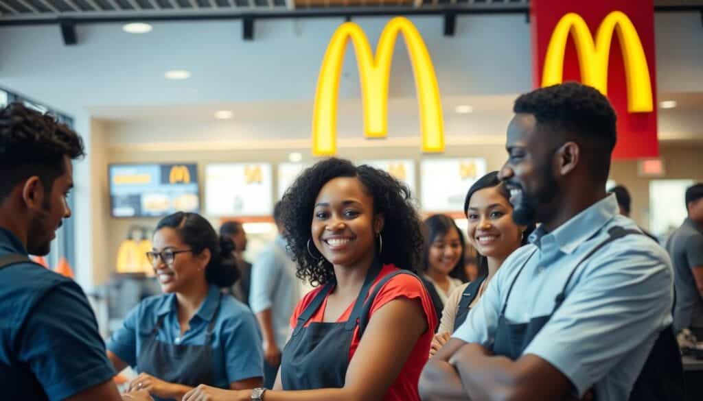 A bustling McDonald's restaurant, the heart of the fast-food industry. In the foreground, a diverse team of employees collaborating, their faces alight with camaraderie as they work together to serve customers efficiently. The middle ground showcases the restaurant's modern, clean interior, with warm lighting and sleek, minimalist decor. In the background, the iconic golden arches stand as a beacon, drawing in a steady stream of patrons. The atmosphere is one of energy, teamwork, and a shared sense of purpose, capturing the vibrant, fast-paced culture of a thriving McDonald's location. A bustling McDonald's restaurant, the heart of the fast-food industry. In the foreground, a diverse team of employees collaborating, their faces alight with camaraderie as they work together to serve customers efficiently. The middle ground showcases the restaurant's modern, clean interior, with warm lighting and sleek, minimalist decor. In the background, the iconic golden arches stand as a beacon, drawing in a steady stream of patrons. The atmosphere is one of energy, teamwork, and a shared sense of purpose, capturing the vibrant, fast-paced culture of a thriving McDonald's location.