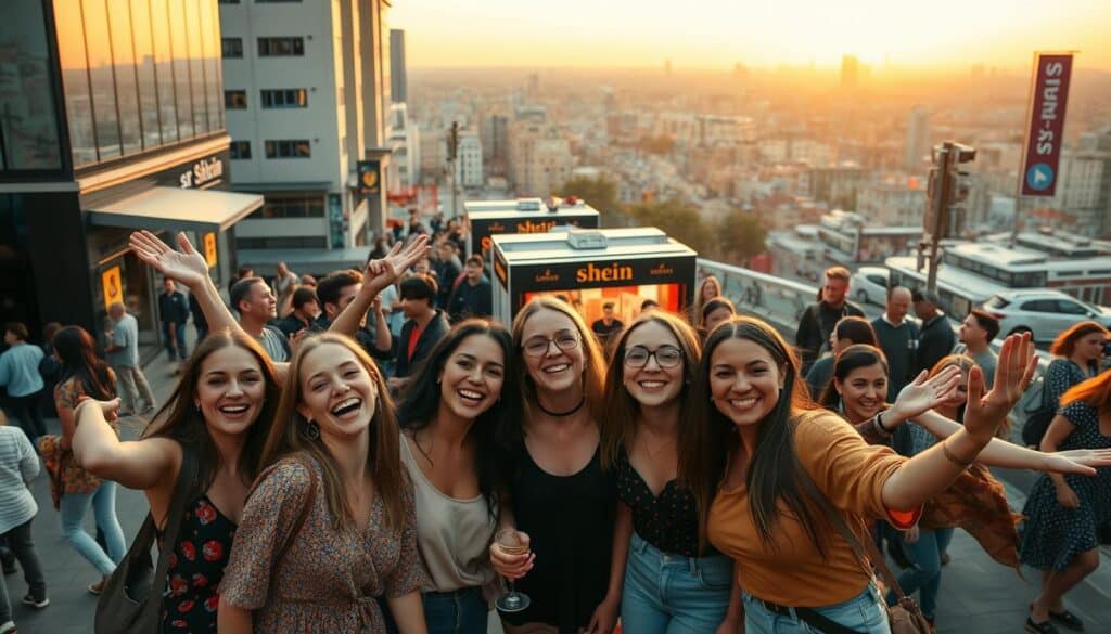 A bustling city street at golden hour, showcasing the vibrant experiences of Shein users. In the foreground, a diverse group of friends excitedly showcase their latest Shein fashion finds, radiating joy and confidence. In the middle ground, a busy Shein pop-up store with a queue of shoppers, eager to discover the latest trends. In the background, a panoramic cityscape bathed in warm, golden light, symbolizing the global reach and impact of the Shein community. The scene exudes a sense of community, connection, and the empowering effect of Shein's accessible, on-trend fashion. A bustling city street at golden hour, showcasing the vibrant experiences of Shein users. In the foreground, a diverse group of friends excitedly showcase their latest Shein fashion finds, radiating joy and confidence. In the middle ground, a busy Shein pop-up store with a queue of shoppers, eager to discover the latest trends. In the background, a panoramic cityscape bathed in warm, golden light, symbolizing the global reach and impact of the Shein community. The scene exudes a sense of community, connection, and the empowering effect of Shein's accessible, on-trend fashion.