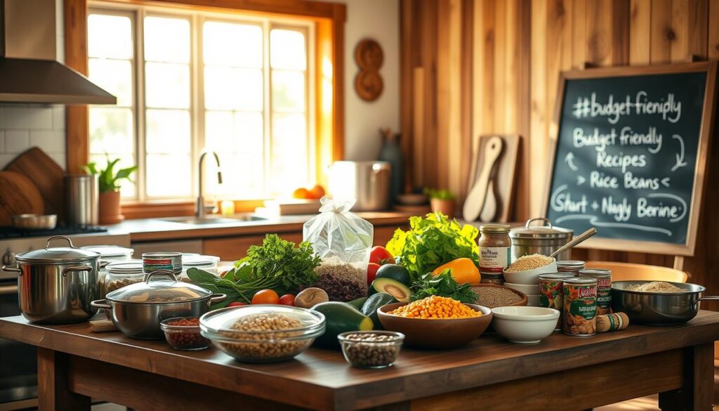 A cozy kitchen with natural sunlight streaming in through large windows, casting a warm glow on a wooden table covered in various budget-friendly ingredients and cookware. On the table, there are fresh produce like vegetables, herbs, and whole grains, alongside affordable pantry staples like canned beans, lentils, and rice. In the background, a simple chalkboard displays a few budget-friendly recipe titles in a playful, hand-written style. The overall atmosphere is inviting, relaxed, and inspiring, encouraging the viewer to explore creating delicious, cost-effective meals at home.