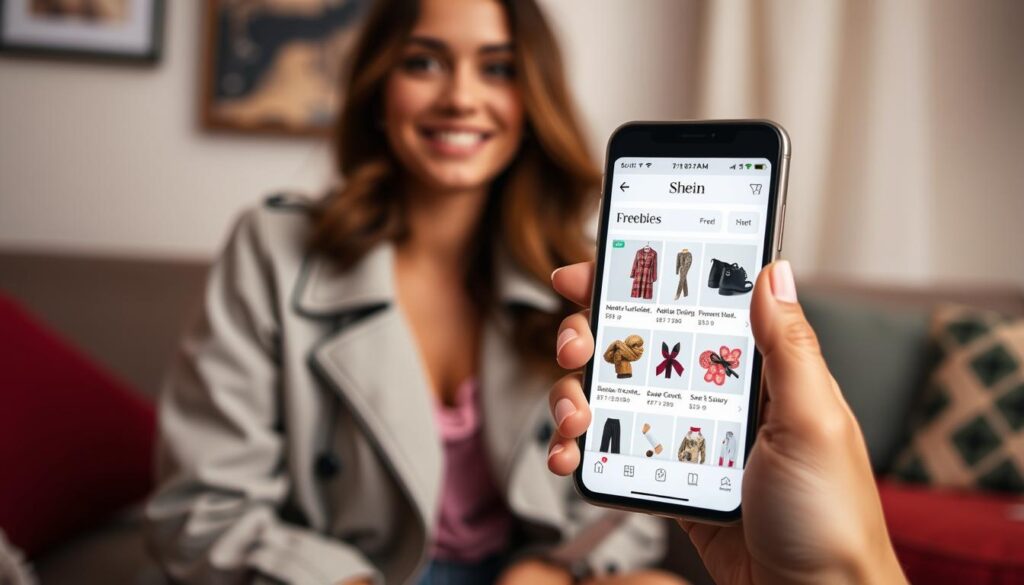 A cozy, well-lit interior scene showcasing the Shein app interface on a smartphone screen. In the foreground, the smartphone is held by a young, fashionable woman's hands, showcasing the app's "Freebies" section, which displays various clothing items, accessories, and beauty products available for free or deeply discounted. The middle ground features the woman's stylish outfit, complementing the digital display. The background subtly blurs, drawing the viewer's attention to the engaging mobile app experience. The overall atmosphere conveys a sense of excitement and discovery as the woman navigates the Shein app's promotional offerings. A cozy, well-lit interior scene showcasing the Shein app interface on a smartphone screen. In the foreground, the smartphone is held by a young, fashionable woman's hands, showcasing the app's "Freebies" section, which displays various clothing items, accessories, and beauty products available for free or deeply discounted. The middle ground features the woman's stylish outfit, complementing the digital display. The background subtly blurs, drawing the viewer's attention to the engaging mobile app experience. The overall atmosphere conveys a sense of excitement and discovery as the woman navigates the Shein app's promotional offerings.