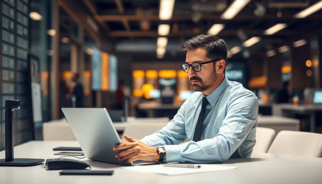 A high-tech office scene with a professional man sitting at a desk, engaged in a technical interview on a laptop. The lighting is soft and warm, creating a focused atmosphere. The desk is clean and minimalist, with a few devices and documents neatly arranged. The man is dressed in a button-down shirt and tie, exuding an air of competence and preparation. The background is blurred, hinting at the bustling activity of an Amazon tech hub. The overall mood is one of intense concentration and the pursuit of a coveted role at the e-commerce giant. A high-tech office scene with a professional man sitting at a desk, engaged in a technical interview on a laptop. The lighting is soft and warm, creating a focused atmosphere. The desk is clean and minimalist, with a few devices and documents neatly arranged. The man is dressed in a button-down shirt and tie, exuding an air of competence and preparation. The background is blurred, hinting at the bustling activity of an Amazon tech hub. The overall mood is one of intense concentration and the pursuit of a coveted role at the e-commerce giant.