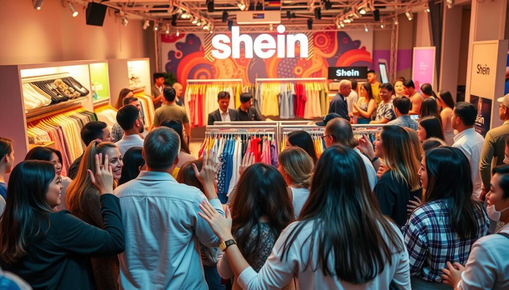 A lively and vibrant community gathering of Shein enthusiasts, captured in a dynamic scene. In the foreground, a diverse group of shoppers excitedly discussing the latest Shein fashion finds, their hands gesturing animatedly. In the middle ground, a central display showcases the brand's signature colorful and trendy apparel, illuminated by warm, diffused lighting. In the background, a bustling Shein-themed social media hub, with influencers and content creators live-streaming, taking photos, and engaging with the energetic crowd. The atmosphere is one of shared excitement, camaraderie, and a sense of belonging to the Shein community. A lively and vibrant community gathering of Shein enthusiasts, captured in a dynamic scene. In the foreground, a diverse group of shoppers excitedly discussing the latest Shein fashion finds, their hands gesturing animatedly. In the middle ground, a central display showcases the brand's signature colorful and trendy apparel, illuminated by warm, diffused lighting. In the background, a bustling Shein-themed social media hub, with influencers and content creators live-streaming, taking photos, and engaging with the energetic crowd. The atmosphere is one of shared excitement, camaraderie, and a sense of belonging to the Shein community.
