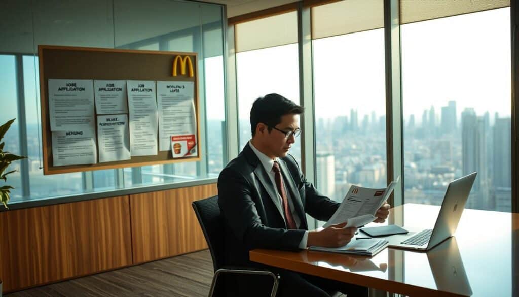 A modern office interior with a warm, inviting ambiance. In the foreground, a well-dressed person sits at a desk, reviewing documents and completing an online job application for McDonald's. The middle ground features a bulletin board displaying job listings and descriptions, along with a company logo prominently displayed. The background showcases a panoramic view of the city skyline through large windows, bathed in soft, natural lighting. The overall scene conveys a sense of professionalism, opportunity, and the potential to embark on a rewarding career in the fast-food industry. A modern office interior with a warm, inviting ambiance. In the foreground, a well-dressed person sits at a desk, reviewing documents and completing an online job application for McDonald's. The middle ground features a bulletin board displaying job listings and descriptions, along with a company logo prominently displayed. The background showcases a panoramic view of the city skyline through large windows, bathed in soft, natural lighting. The overall scene conveys a sense of professionalism, opportunity, and the potential to embark on a rewarding career in the fast-food industry.