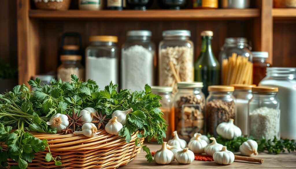 A neatly arranged assortment of common kitchen essentials, illuminated by warm, natural lighting. In the foreground, a wicker basket overflows with an array of fresh herbs, whole spices, and fragrant garlic cloves. In the middle ground, glass jars filled with staple ingredients like flour, rice, and pasta stand in tidy rows. The background features a rustic wooden shelving unit, with jars of honey, olive oil, and vinegar casting long shadows. The overall composition evokes a sense of culinary preparedness and homely comfort, perfect for quick and simple recipe creation.