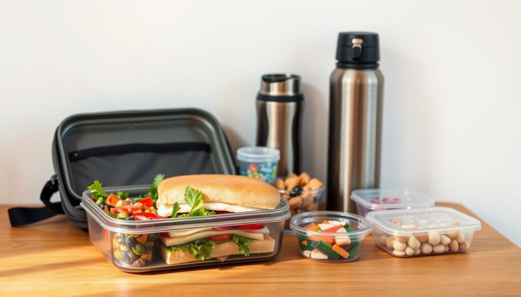 A neatly arranged spread of various packable lunch items on a wooden table. In the foreground, a lunchbox with different compartments containing a hearty salad, a sandwich with fresh ingredients, and a fruit cup. In the middle ground, a thermos and a reusable water bottle, along with a small container of snacks. The background features a plain white wall, creating a clean, minimalist backdrop that allows the lunch components to be the main focus. The lighting is soft and natural, creating a warm, inviting atmosphere. The overall composition conveys the idea of a satisfying, well-balanced, and portable lunch perfect for busy days.