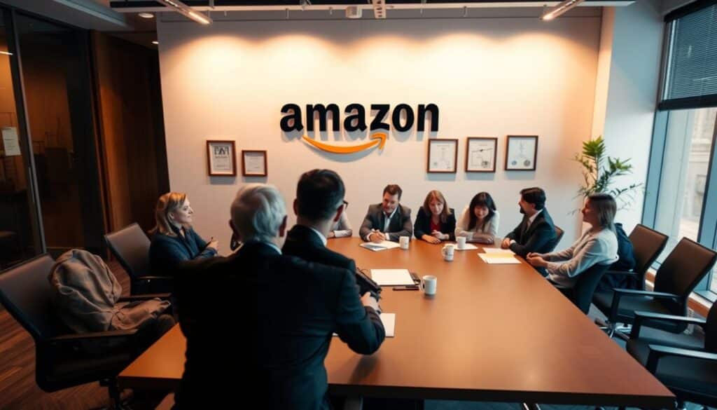 A professional office setting, with a large conference table in the foreground. Seated around the table are several people, some in business attire, engaged in a lively discussion. In the background, a wall-mounted Amazon logo is prominently displayed, along with a set of framed certificates or awards. The lighting is warm and inviting, creating a sense of professionalism and collaboration. The camera angle is slightly elevated, capturing the scene from an overhead perspective, emphasizing the formality of the interview process. The overall atmosphere conveys a sense of anticipation and opportunity, reflecting the theme of "Explore Career Opportunities with Jobs at Amazon." A professional office setting, with a large conference table in the foreground. Seated around the table are several people, some in business attire, engaged in a lively discussion. In the background, a wall-mounted Amazon logo is prominently displayed, along with a set of framed certificates or awards. The lighting is warm and inviting, creating a sense of professionalism and collaboration. The camera angle is slightly elevated, capturing the scene from an overhead perspective, emphasizing the formality of the interview process. The overall atmosphere conveys a sense of anticipation and opportunity, reflecting the theme of "Explore Career Opportunities with Jobs at Amazon."