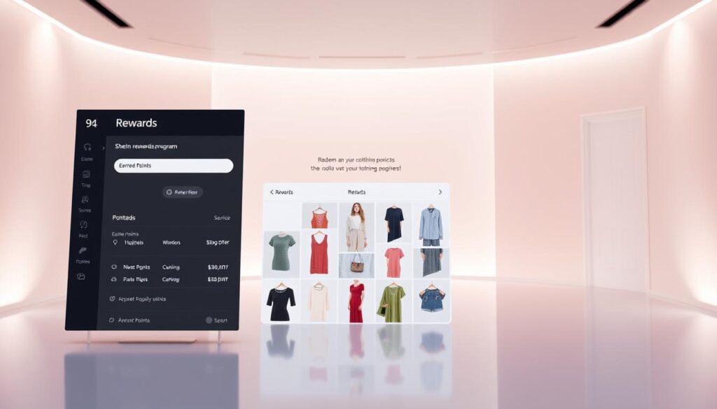 A sleek and modern interface displays the Shein points system, with a clean and minimalist design. The foreground showcases a rewards program dashboard, highlighting earned points, available rewards, and a clear call-to-action to redeem them. In the middle ground, a grid of product thumbnails tempts the viewer with stylish apparel options that can be purchased using the accumulated points. The background features a soft, gradient-filled environment, conveying a sense of luxury and exclusivity. The overall scene exudes a sophisticated, tech-savvy aesthetic, inviting the viewer to engage with the Shein loyalty program and unlock free clothing rewards. A sleek and modern interface displays the Shein points system, with a clean and minimalist design. The foreground showcases a rewards program dashboard, highlighting earned points, available rewards, and a clear call-to-action to redeem them. In the middle ground, a grid of product thumbnails tempts the viewer with stylish apparel options that can be purchased using the accumulated points. The background features a soft, gradient-filled environment, conveying a sense of luxury and exclusivity. The overall scene exudes a sophisticated, tech-savvy aesthetic, inviting the viewer to engage with the Shein loyalty program and unlock free clothing rewards.