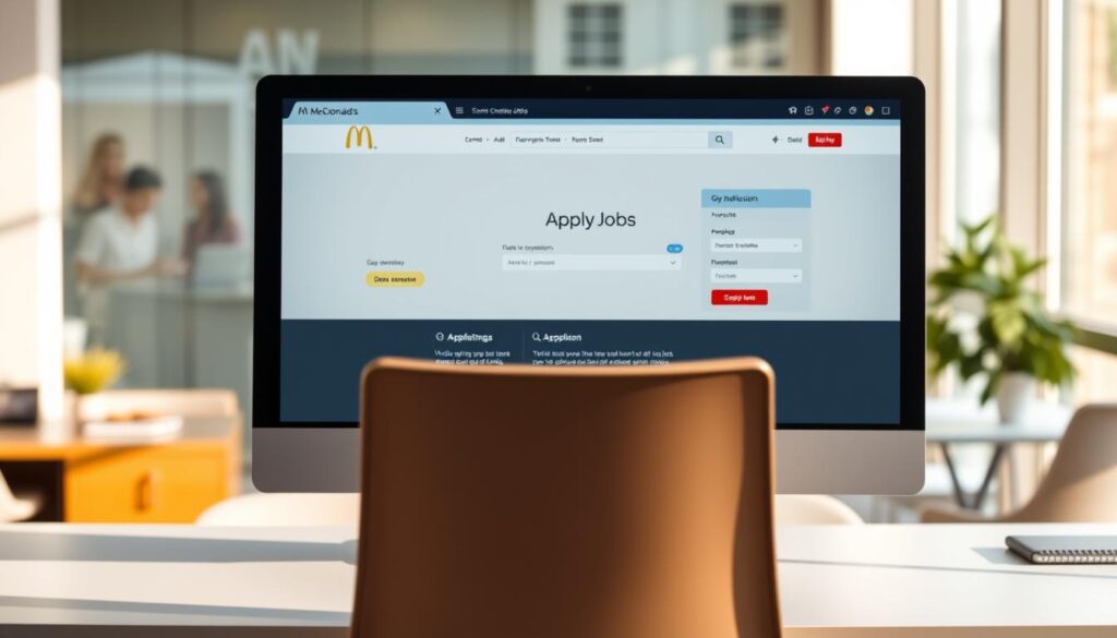 A sleek, professional-looking desktop computer screen displays the McDonalds job application website. The screen is placed on a clean, minimalist desk with a modern, neutral-colored office chair in the foreground. Warm, natural lighting filters in from the side, casting soft shadows and highlighting the clean, elegant design of the website. The background is a blurred, out-of-focus office setting, suggesting a professional, corporate environment. The overall mood is one of efficiency, ease, and opportunity, reflecting the subject of applying for jobs at McDonalds. A sleek, professional-looking desktop computer screen displays the McDonalds job application website. The screen is placed on a clean, minimalist desk with a modern, neutral-colored office chair in the foreground. Warm, natural lighting filters in from the side, casting soft shadows and highlighting the clean, elegant design of the website. The background is a blurred, out-of-focus office setting, suggesting a professional, corporate environment. The overall mood is one of efficiency, ease, and opportunity, reflecting the subject of applying for jobs at McDonalds.