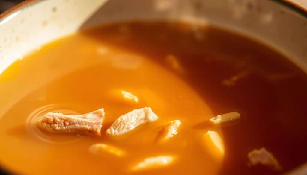 A steaming bowl of rich, golden-brown bone broth, its surface shimmering with a layer of collagen-rich gelatin. The broth is illuminated by warm, soft lighting, casting a cozy and inviting atmosphere. In the foreground, delicate bone fragments and shreds of tender meat float in the translucent liquid, hinting at the nutritional bounty within. The background is blurred, keeping the focus on the nourishing elixir. The overall scene conveys the wholesome, comforting nature of this collagen-dense superfood, perfect for sipping and savoring as part of a healthy, skin-rejuvenating diet. A steaming bowl of rich, golden-brown bone broth, its surface shimmering with a layer of collagen-rich gelatin. The broth is illuminated by warm, soft lighting, casting a cozy and inviting atmosphere. In the foreground, delicate bone fragments and shreds of tender meat float in the translucent liquid, hinting at the nutritional bounty within. The background is blurred, keeping the focus on the nourishing elixir. The overall scene conveys the wholesome, comforting nature of this collagen-dense superfood, perfect for sipping and savoring as part of a healthy, skin-rejuvenating diet.