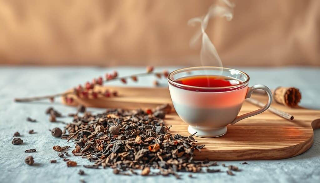 A still life arrangement showcasing rooibos tea, its vibrant red hue accentuated by warm, soft lighting. In the foreground, a delicate porcelain teacup filled with the fragrant infusion, wisps of steam rising gracefully. Surrounding the cup, a selection of rooibos tea leaves, their fuzzy textures and earthy tones contrasting against the smooth ceramic surface. In the middle ground, a wooden tray or board, its natural grain adding depth and texture to the scene. In the background, a soothing, neutral-toned backdrop, allowing the vibrant colors of the tea and its complementary elements to take center stage. The overall atmosphere is calming, inviting, and reflective of rooibos tea's skin-nourishing properties. A still life arrangement showcasing rooibos tea, its vibrant red hue accentuated by warm, soft lighting. In the foreground, a delicate porcelain teacup filled with the fragrant infusion, wisps of steam rising gracefully. Surrounding the cup, a selection of rooibos tea leaves, their fuzzy textures and earthy tones contrasting against the smooth ceramic surface. In the middle ground, a wooden tray or board, its natural grain adding depth and texture to the scene. In the background, a soothing, neutral-toned backdrop, allowing the vibrant colors of the tea and its complementary elements to take center stage. The overall atmosphere is calming, inviting, and reflective of rooibos tea's skin-nourishing properties.