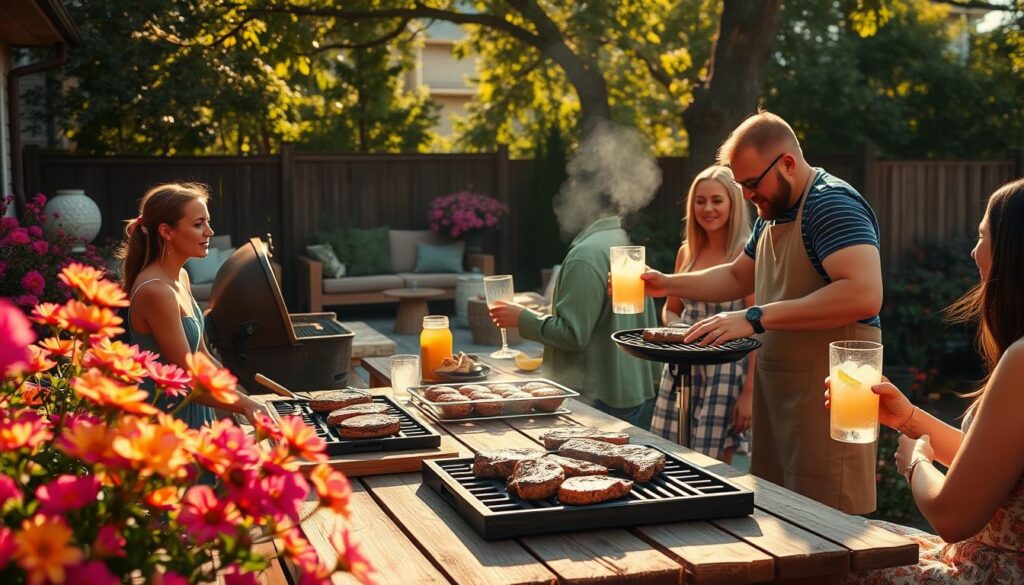 A sun-dappled backyard patio, a sturdy grill sizzling with juicy burgers and tender steaks. Vibrant summer blooms border the scene, their petals dancing in a gentle breeze. Friends and family gather around a rustic wooden table, laughter and conversation filling the air as they savor the flavors of the season. The grill master, apron-clad, expertly tends to the flames, infusing the food with smoky, char-grilled notes. Condensation beads on frosty lemonade glasses, offering a refreshing contrast to the warmth of the day. Warm, golden light filters through the trees, casting a soft glow over the entire tableau. This is the essence of Seasonal Summer Grilling - a celebration of togetherness, delicious food, and the boundless joy of the summertime.