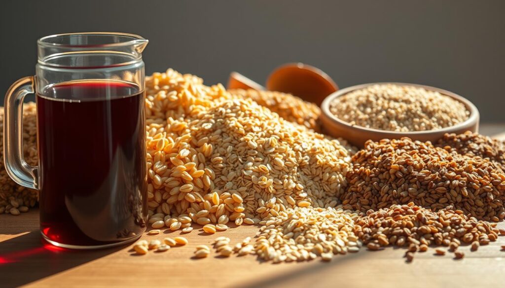 A sunlit still life of a wooden table laden with a diverse array of whole grains - golden wheat berries, nutty brown rice, hearty oats, and vibrant quinoa. In the foreground, a glass beaker filled with a deep crimson liquid, representing the life-giving benefits of these nutrient-dense foods for heart health and blood pressure regulation. Soft, directional lighting illuminates the scene, casting warm shadows and accentuating the natural textures and colors. The background is a neutral, slightly blurred backdrop, allowing the hero elements to take center stage and convey a sense of tranquility and wellness. A sunlit still life of a wooden table laden with a diverse array of whole grains - golden wheat berries, nutty brown rice, hearty oats, and vibrant quinoa. In the foreground, a glass beaker filled with a deep crimson liquid, representing the life-giving benefits of these nutrient-dense foods for heart health and blood pressure regulation. Soft, directional lighting illuminates the scene, casting warm shadows and accentuating the natural textures and colors. The background is a neutral, slightly blurred backdrop, allowing the hero elements to take center stage and convey a sense of tranquility and wellness.