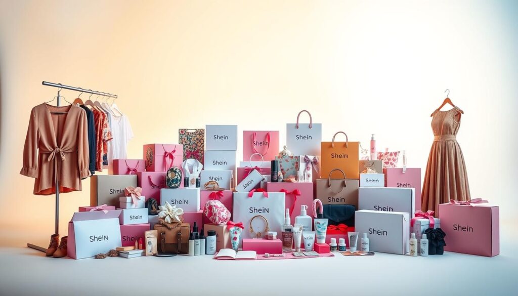 A vibrant and enticing display of Shein giveaway items showcased against a clean white backdrop. In the foreground, an assortment of fashionable clothing, accessories, and beauty products are artfully arranged, capturing the viewer's attention. The middle ground features a dynamic arrangement of various Shein boxes, bags, and packaging, hinting at the excitement of unboxing. The background is illuminated with soft, diffused lighting, creating a sense of warmth and anticipation. The overall composition conveys the allure of Shein's giveaways and the opportunity to win coveted items. A vibrant and enticing display of Shein giveaway items showcased against a clean white backdrop. In the foreground, an assortment of fashionable clothing, accessories, and beauty products are artfully arranged, capturing the viewer's attention. The middle ground features a dynamic arrangement of various Shein boxes, bags, and packaging, hinting at the excitement of unboxing. The background is illuminated with soft, diffused lighting, creating a sense of warmth and anticipation. The overall composition conveys the allure of Shein's giveaways and the opportunity to win coveted items.