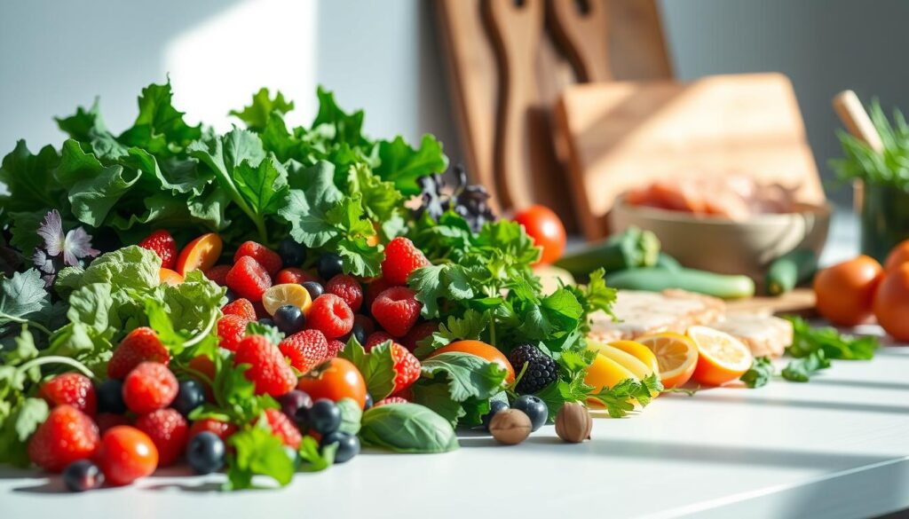 A vibrant, appetizing still-life capturing a "blood pressure meal plan" for healthy eating. In the foreground, an array of fresh, colorful ingredients - leafy greens, bright berries, crisp vegetables, and lean protein. Soft, natural lighting illuminates the scene, casting gentle shadows and highlighting the textures and hues. In the middle ground, a wooden cutting board and simple kitchen tools, conveying a sense of homemade preparation. The background features a minimalist, airy setting, perhaps a kitchen counter or table, allowing the food to take center stage. The overall mood is one of nourishment, balance, and a mindful approach to optimizing blood pressure through delicious, wholesome meals. A vibrant, appetizing still-life capturing a "blood pressure meal plan" for healthy eating. In the foreground, an array of fresh, colorful ingredients - leafy greens, bright berries, crisp vegetables, and lean protein. Soft, natural lighting illuminates the scene, casting gentle shadows and highlighting the textures and hues. In the middle ground, a wooden cutting board and simple kitchen tools, conveying a sense of homemade preparation. The background features a minimalist, airy setting, perhaps a kitchen counter or table, allowing the food to take center stage. The overall mood is one of nourishment, balance, and a mindful approach to optimizing blood pressure through delicious, wholesome meals.