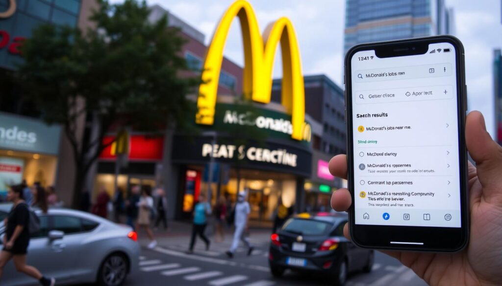 A vibrant city street, with the iconic golden arches of a McDonald's restaurant standing tall in the foreground. Pedestrians and vehicles move about, creating a sense of bustling activity. The storefront is well-lit, its signage and branding prominently displayed. A smartphone in the foreground shows a search results page for "McDonald's jobs near me," indicating the user's intent to explore employment opportunities. The overall scene conveys a sense of accessible, convenient job prospects in the local community.