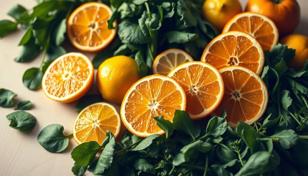 A vibrant, close-up photograph of a selection of fresh, ripe citrus fruits and green leafy vegetables, arranged on a clean, light-colored wooden surface. The fruits, such as oranges, lemons, and limes, are sliced in half, revealing their vivid, juicy interiors. Surrounding the fruits are bunches of spinach, kale, and other nutrient-dense greens, with their delicate textures and rich, verdant hues. The image is bathed in warm, natural lighting, casting a soft, diffused glow across the scene. The overall composition emphasizes the abundance and vitality of these collagen-boosting, vitamin C-rich foods, conveying a sense of health, wellness, and the beauty of natural ingredients. A vibrant, close-up photograph of a selection of fresh, ripe citrus fruits and green leafy vegetables, arranged on a clean, light-colored wooden surface. The fruits, such as oranges, lemons, and limes, are sliced in half, revealing their vivid, juicy interiors. Surrounding the fruits are bunches of spinach, kale, and other nutrient-dense greens, with their delicate textures and rich, verdant hues. The image is bathed in warm, natural lighting, casting a soft, diffused glow across the scene. The overall composition emphasizes the abundance and vitality of these collagen-boosting, vitamin C-rich foods, conveying a sense of health, wellness, and the beauty of natural ingredients.