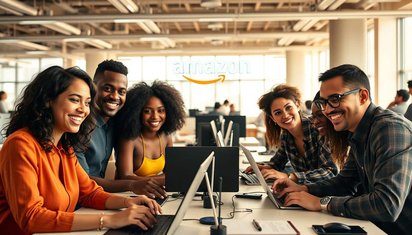 A vibrant, dynamic workspace comes to life. In the foreground, a diverse group of Amazon employees collaborates passionately, their faces alight with a sense of purpose. Sleek, state-of-the-art tech devices adorn their desks, reflecting the company's innovative spirit. In the middle ground, an expansive, open-plan office space is bathed in warm, natural light, conveying a sense of energy and productivity. In the background, the Amazon logo stands tall, a symbol of the brand's global reach and commitment to opportunity. The overall atmosphere is one of excitement, innovation, and endless possibilities, inviting the viewer to explore the diverse array of jobs and career paths within this dynamic technology giant.