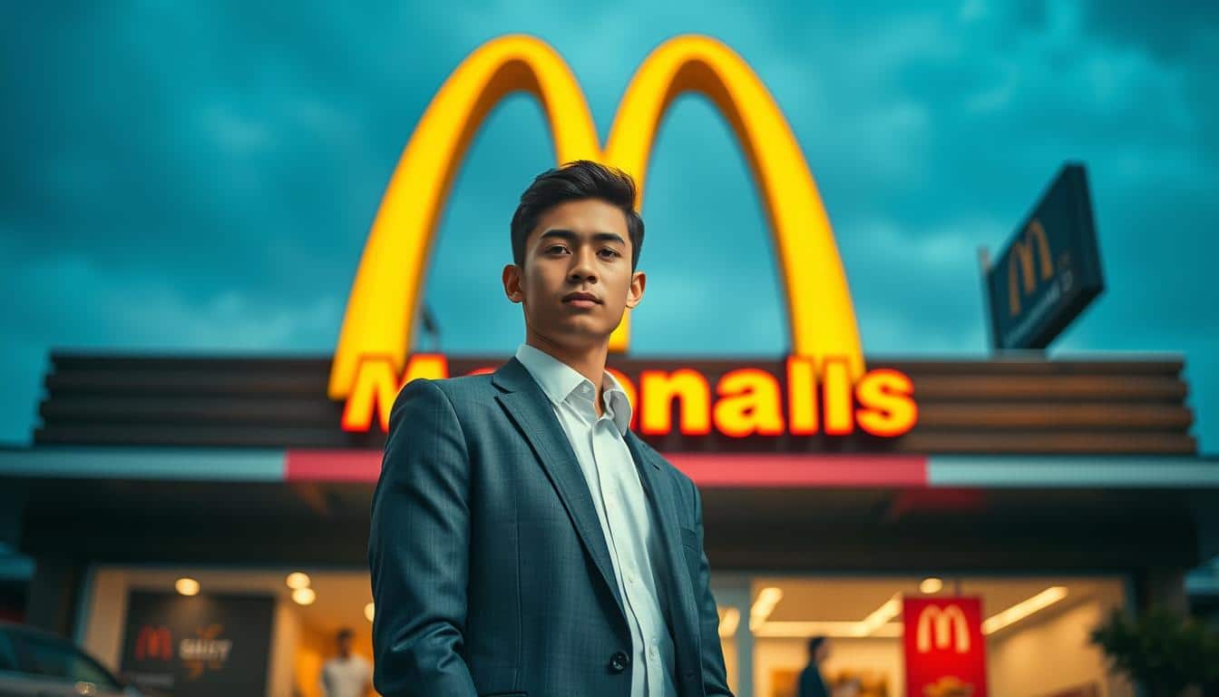 A vibrant, eye-catching scene of a McDonald's restaurant, with a well-dressed young professional standing proudly in the foreground. The person is wearing a crisp suit, exuding confidence and a sense of purpose. The restaurant's iconic golden arches loom large in the background, casting a warm glow over the scene. The lighting is soft and natural, highlighting the individual's determination and the opportunities available within the fast-food industry. The overall atmosphere conveys a sense of optimism and the potential for a rewarding career at McDonald's, inviting the viewer to consider the exciting possibilities that await.