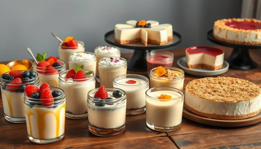 A visually appealing array of delectable no-bake desserts, artfully arranged on a rustic wooden table. In the foreground, a selection of creamy, chilled parfaits in glass jars, adorned with fresh berries and a drizzle of honey. In the middle ground, a platter showcasing a variety of lush, silky-smooth puddings and panna cottas, garnished with shredded coconut and edible flowers. Towards the back, a stunning no-bake cheesecake, its rich, velvety texture accentuated by a sprinkling of crushed graham crackers. Soft, natural lighting casts a warm, inviting glow over the scene, highlighting the vibrant colors and textures of these effortless, yet indulgent sweet treats.