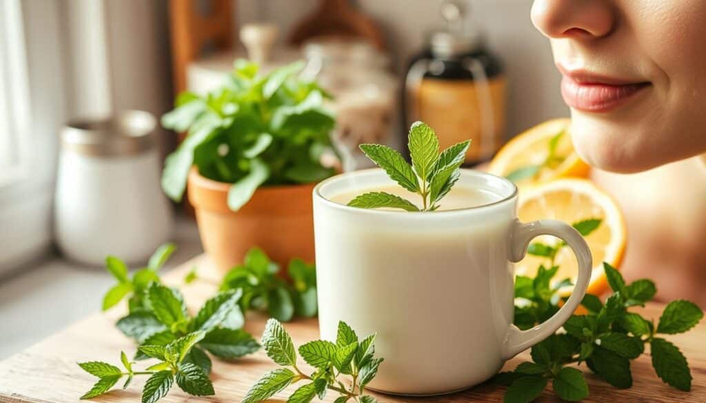 A warm, cozy kitchen setting with a mug of steaming spearmint tea, surrounded by fresh spearmint leaves, a few slices of lemon, and a natural, glowing complexion accentuated by the soft, diffused lighting. The scene conveys a sense of tranquility and the potential benefits of spearmint tea for improving skin health and addressing hormonal acne. The composition emphasizes the main elements, with a clean, minimalist background that allows the tea and skin to take center stage. A warm, cozy kitchen setting with a mug of steaming spearmint tea, surrounded by fresh spearmint leaves, a few slices of lemon, and a natural, glowing complexion accentuated by the soft, diffused lighting. The scene conveys a sense of tranquility and the potential benefits of spearmint tea for improving skin health and addressing hormonal acne. The composition emphasizes the main elements, with a clean, minimalist background that allows the tea and skin to take center stage.