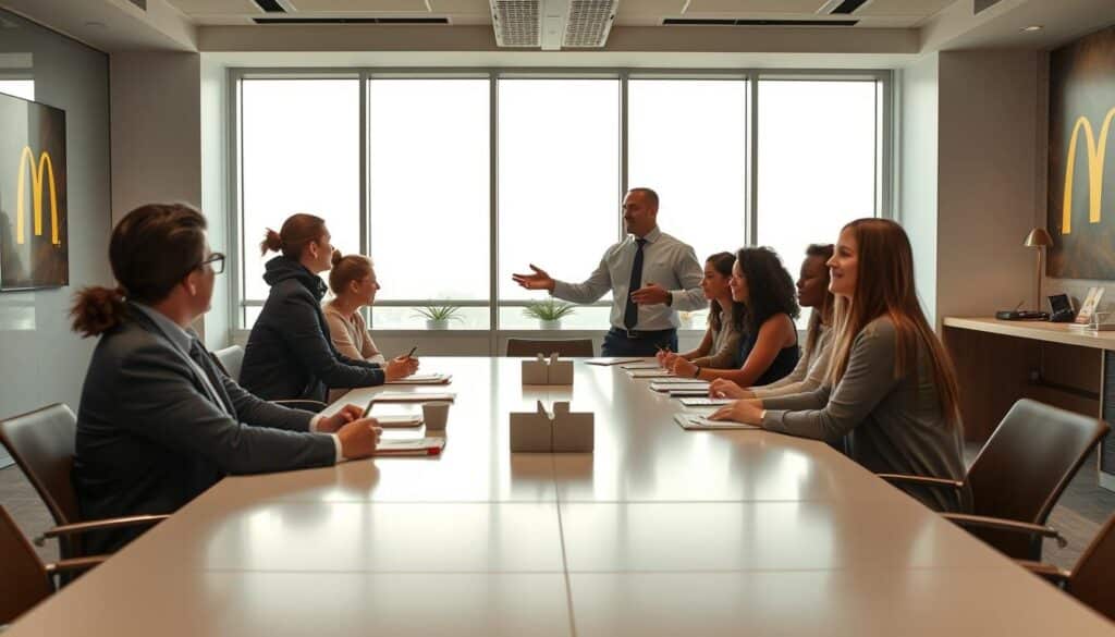 A well-lit, contemporary McDonald's training room. Trainees sit around a sleek conference table, engaged in a presentation on employee onboarding procedures. The room has large windows letting in natural light, creating an airy, professional atmosphere. Trainers stand at the front, gesticulating with enthusiasm as they explain company policies and protocols. The trainees take notes diligently, their faces alight with curiosity and determination to excel in their new roles. Subtle branding elements, such as the iconic golden arches, are present but not overpowering. An overall sense of collaboration, learning, and excitement for the McDonald's employee journey permeates the scene. A well-lit, contemporary McDonald's training room. Trainees sit around a sleek conference table, engaged in a presentation on employee onboarding procedures. The room has large windows letting in natural light, creating an airy, professional atmosphere. Trainers stand at the front, gesticulating with enthusiasm as they explain company policies and protocols. The trainees take notes diligently, their faces alight with curiosity and determination to excel in their new roles. Subtle branding elements, such as the iconic golden arches, are present but not overpowering. An overall sense of collaboration, learning, and excitement for the McDonald's employee journey permeates the scene.