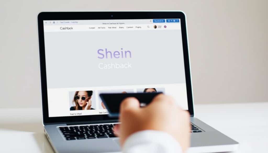 A well-lit, high-resolution image of a laptop or desktop computer screen, displaying the Shein cashback platform interface. The screen shows a clean, modern design with a prominent "Shein Cashback" logo or branding. In the foreground, a hand holding a credit card or mobile device is visible, hinting at the ease of using the cashback service. The background is a soft, neutral tone that creates a sense of focus on the screen content. The overall mood is one of simplicity, convenience, and the excitement of discovering free Shein finds through third-party platforms.