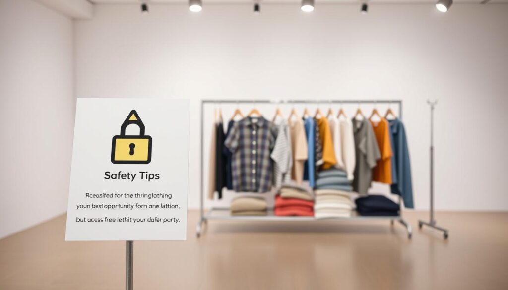 A well-lit, high-resolution photograph of a carefully curated safety tips display for the Shein fashion brand. The foreground features a stylized safety icon, such as a cautionary road sign or a lock symbol, along with concise textual tips for safe and legitimate online shopping. The middle ground showcases a neatly organized arrangement of Shein clothing items, subtly conveying the connection between safety and accessing the brand's affordable fashion. The background depicts a clean, minimalist workspace or studio setting, with neutral tones that allow the safety-focused elements to take center stage. The overall mood is one of trustworthiness, practicality, and attention to detail, reflecting the importance of security when exploring free clothing opportunities from Shein.