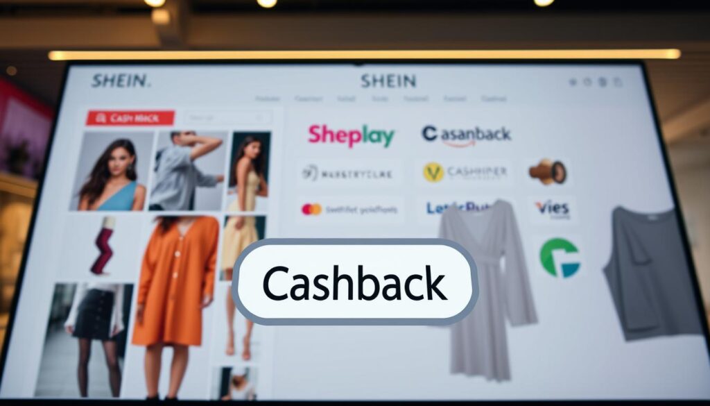 A well-lit, high-resolution scene depicting a vibrant online shopping platform interface. In the foreground, a prominent "Cashback" button or section dominates the screen, surrounded by carefully curated Shein fashion items. The middle ground showcases various third-party cashback and rewards program logos, hinting at the seamless integration of these services. The background features a sleek, minimalist design with subtle brand elements, creating a modern and inviting atmosphere. The overall composition conveys the ease and convenience of earning cashback when shopping for the latest Shein fashion trends. A well-lit, high-resolution scene depicting a vibrant online shopping platform interface. In the foreground, a prominent "Cashback" button or section dominates the screen, surrounded by carefully curated Shein fashion items. The middle ground showcases various third-party cashback and rewards program logos, hinting at the seamless integration of these services. The background features a sleek, minimalist design with subtle brand elements, creating a modern and inviting atmosphere. The overall composition conveys the ease and convenience of earning cashback when shopping for the latest Shein fashion trends.