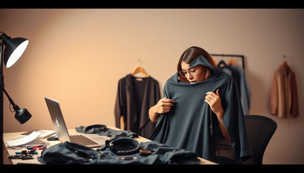 A well-lit indoor studio setting with a woman sitting at a desk, intently examining a Shein product. The desk is cluttered with other clothing items, accessories, and a laptop, creating a sense of an active product testing process. The woman's expression conveys focus and attention to detail as she carefully inspects the garment. Soft, diffused lighting casts a warm, professional atmosphere, emphasizing the thoughtfulness of the product evaluation. The background features minimalist decor, keeping the attention on the woman and the items under review. A well-lit indoor studio setting with a woman sitting at a desk, intently examining a Shein product. The desk is cluttered with other clothing items, accessories, and a laptop, creating a sense of an active product testing process. The woman's expression conveys focus and attention to detail as she carefully inspects the garment. Soft, diffused lighting casts a warm, professional atmosphere, emphasizing the thoughtfulness of the product evaluation. The background features minimalist decor, keeping the attention on the woman and the items under review.