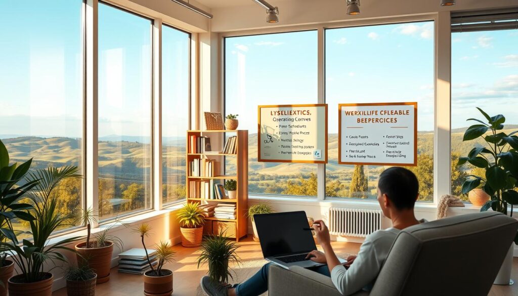 An airy, well-lit office with large windows overlooking a lush, verdant landscape. In the foreground, a person casually working from a sleek laptop, surrounded by potted plants and a cozy armchair. In the middle ground, a bookshelf filled with various materials, and a bulletin board displaying flexible schedule options and remote work benefits. The background features a panoramic view of rolling hills and a serene sky, conveying a sense of tranquility and work-life balance. Warm, natural lighting casts a soft glow throughout the scene, creating a peaceful and productive atmosphere. An airy, well-lit office with large windows overlooking a lush, verdant landscape. In the foreground, a person casually working from a sleek laptop, surrounded by potted plants and a cozy armchair. In the middle ground, a bookshelf filled with various materials, and a bulletin board displaying flexible schedule options and remote work benefits. The background features a panoramic view of rolling hills and a serene sky, conveying a sense of tranquility and work-life balance. Warm, natural lighting casts a soft glow throughout the scene, creating a peaceful and productive atmosphere.