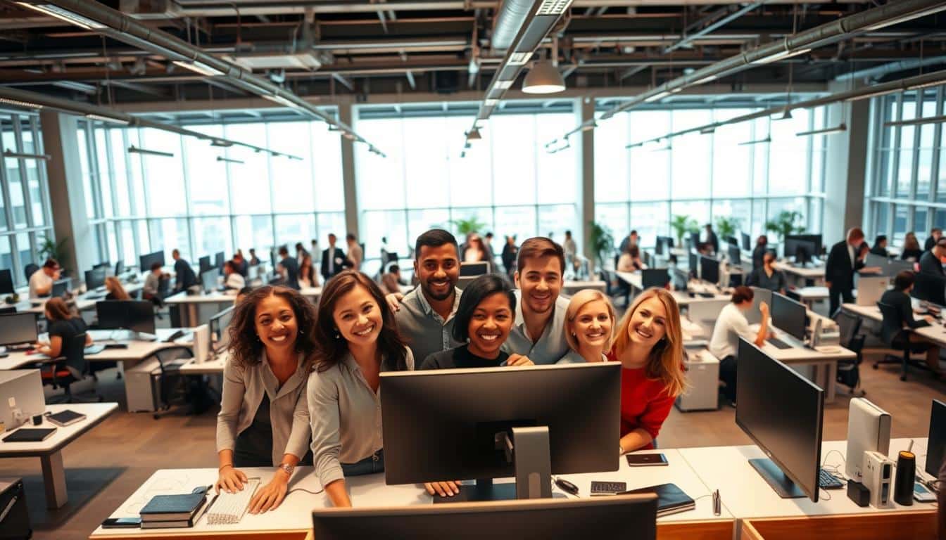 An expansive, bustling office interior showcasing the dynamic careers at Amazon. In the foreground, a group of diverse, enthusiastic employees collaborate at a modern workstation, their expressions radiating a sense of purpose. The middle ground features a panoramic view of the open-concept workspace, with sleek desks, ergonomic chairs, and state-of-the-art technology. The background is filled with tall windows, allowing natural light to flood the space and creating an airy, inviting atmosphere. The overall scene conveys a culture of innovation, teamwork, and opportunity, reflecting the boundless potential of careers at Amazon.