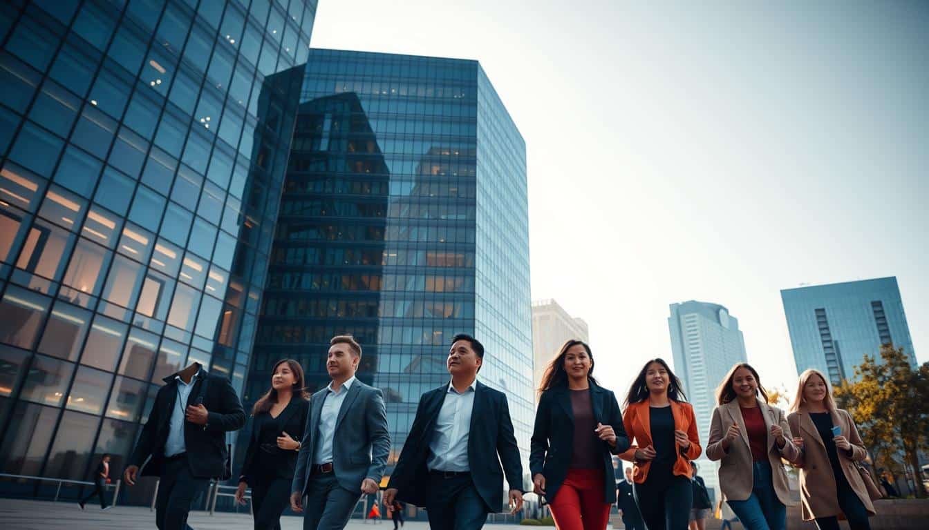 An impressive, modern office building stands tall, its glass facade reflecting the surrounding cityscape. In the foreground, a group of diverse professionals stride purposefully, their expressions conveying a sense of purpose and optimism. The lighting is crisp and natural, casting a warm, inviting glow over the scene. The camera angle is slightly elevated, offering a dynamic perspective that captures the energy and opportunities of the Amazon workplace. The mood is one of ambition, innovation, and a thriving, collaborative environment, ready to welcome those seeking their dream job.