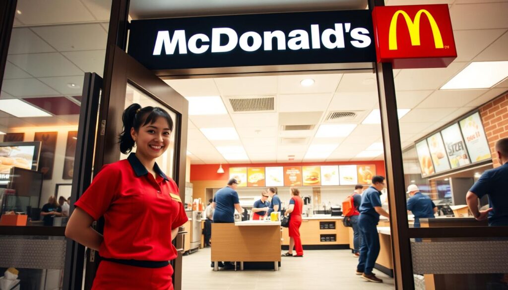 An inviting McDonald's restaurant entrance, with a stylized crew member in uniform greeting customers at the door. The interior is brightly lit, showcasing a clean and organized workspace. The background features various menu items and crew members engaged in different tasks, conveying the dynamic atmosphere of an entry-level job at McDonald's. The scene is captured with a wide-angle lens, creating a sense of depth and showcasing the scale of the operation. The overall mood is one of professionalism, efficiency, and opportunity for those seeking an entry-level position. An inviting McDonald's restaurant entrance, with a stylized crew member in uniform greeting customers at the door. The interior is brightly lit, showcasing a clean and organized workspace. The background features various menu items and crew members engaged in different tasks, conveying the dynamic atmosphere of an entry-level job at McDonald's. The scene is captured with a wide-angle lens, creating a sense of depth and showcasing the scale of the operation. The overall mood is one of professionalism, efficiency, and opportunity for those seeking an entry-level position.