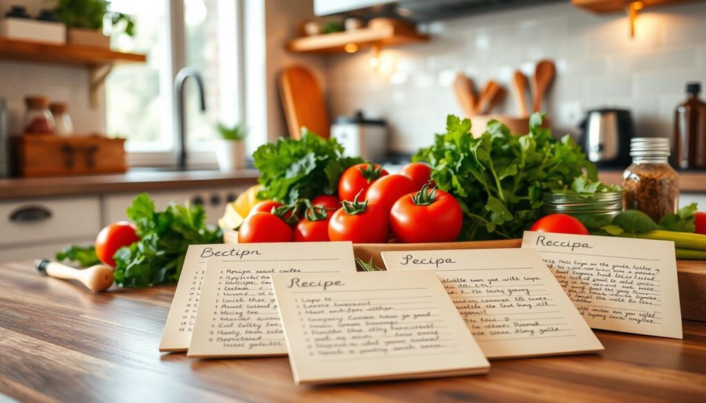 Stylish kitchen interior with fresh, vibrant ingredients arranged on the counter - juicy tomatoes, crisp lettuce, a variety of herbs, and colorful spices. The scene is lit by warm, natural lighting, creating a cozy and inviting atmosphere. In the foreground, a selection of simple, easy-to-follow recipe cards with hand-written notes and instructions. The overall composition suggests a notion of effortless, delectable home-cooked meals that can be quickly prepared, perfect for busy weeknights.