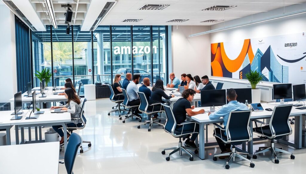 a professional and modern workplace interior with sleek, minimalist furniture and decor. the foreground features desks, chairs, and computer equipment used by tech professionals, with a clean, open floor plan. the middle ground showcases a team of diverse amazon employees collaborating and brainstorming at a large conference table, with large windows providing natural lighting. the background depicts the amazon logo and branded artwork on the walls, conveying the company's innovative and dynamic tech culture. the overall mood is one of productivity, innovation, and collaboration.