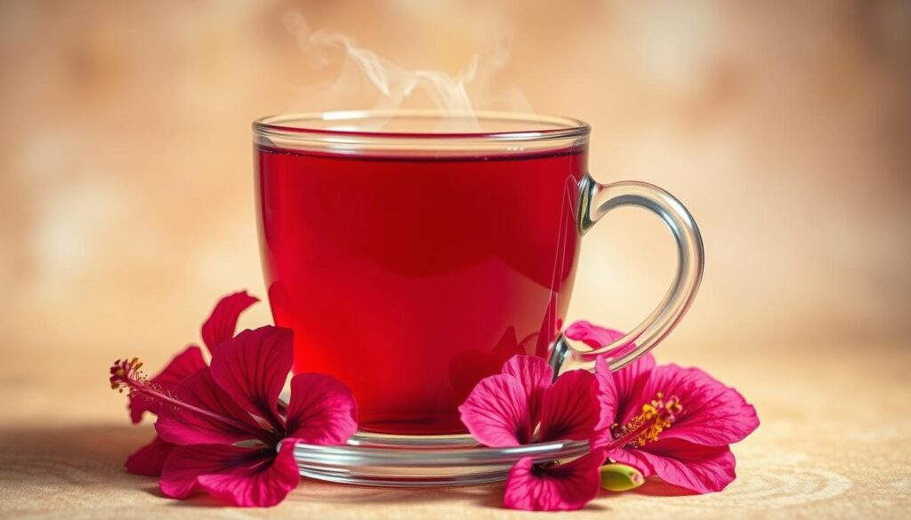 a vibrant, detailed still life image of a glass teacup filled with steaming hibiscus tea, set against a soft, warm-toned background. the tea has a deep, rich red-purple color and is surrounded by fresh hibiscus flowers, their delicate petals unfurled. the lighting is soft and flattering, casting gentle shadows and highlights that accentuate the natural beauty of the ingredients. the composition is balanced and visually pleasing, drawing the viewer's eye to the key elements. the overall mood is soothing, calming, and inviting, reflecting the benefits of this nourishing herbal infusion. a vibrant, detailed still life image of a glass teacup filled with steaming hibiscus tea, set against a soft, warm-toned background. the tea has a deep, rich red-purple color and is surrounded by fresh hibiscus flowers, their delicate petals unfurled. the lighting is soft and flattering, casting gentle shadows and highlights that accentuate the natural beauty of the ingredients. the composition is balanced and visually pleasing, drawing the viewer's eye to the key elements. the overall mood is soothing, calming, and inviting, reflecting the benefits of this nourishing herbal infusion.